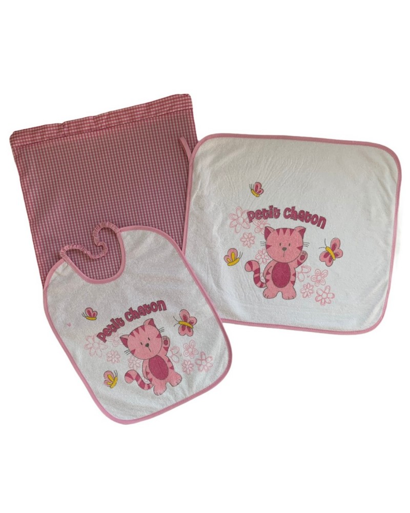 Set asilo Bambina: Bavetta grande + Tovaglietta + Sacca in cotone