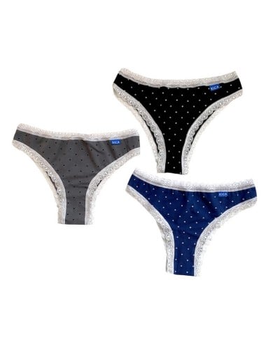 Slip Brasiliano Donna Pois Pizzo Cotone Elasticizzato Kika Confezione 3 Pezzi